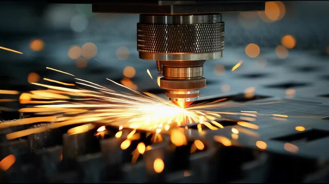 Precision Manufacturing: A close-up showcases a high-tech laser cutting through metal, generating brilliant sparks and demonstrating modern industrial processes.