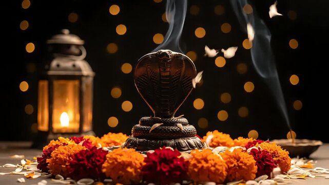 Sacred Nag Panchami Celebration Cobra deity statue adorned with marigold garlands, ritual smoke, and spiritual light, embodying ancient Hindu traditions
