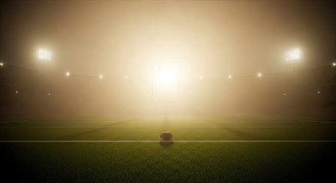 American football on field with goalposts illuminated by stadium lights in foggy atmosphere, perfect for sports and game themes