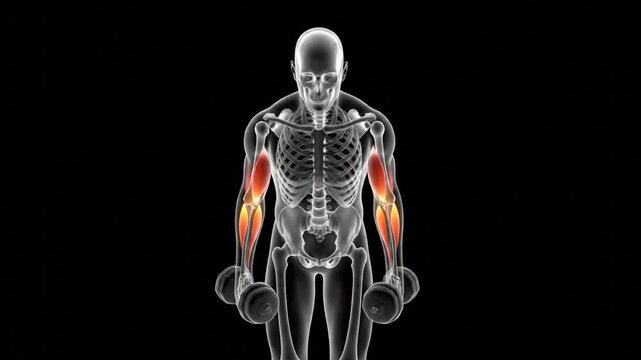 Dynamic 3D X-Ray Animation Showing Bicep Muscle Contraction During Dumbbell Curls