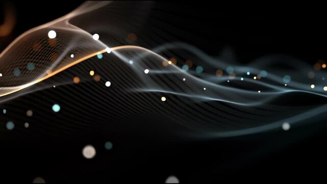 Abstract Waveform: The image shows an abstract, dynamic visualization of interconnectedness. The lines flow seamlessly with embedded dots of light and create a visually appealing, ethereal effect. 