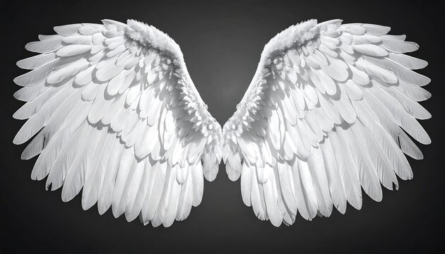 A symmetrical close-up featuring a pair of outstretched wings with white feathers against a dark grey background. The detailed textures are softly lit - Powered by Adobe