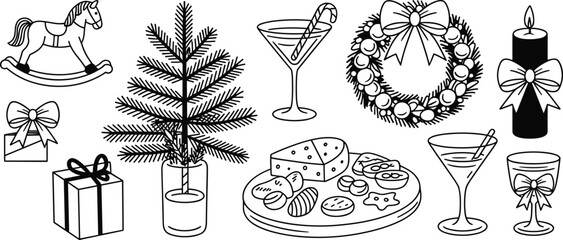 Hand-drawn Christmas holiday elements, festive wreath, gifts, drinks, cookies, candle, tree, vintage winter celebration illustration