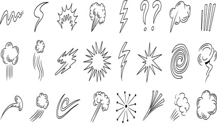 Hand-drawn comic explosion and smoke effect elements, abstract cartoon lines, dynamic doodle motion symbols for graphic design