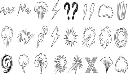 Hand-drawn comic smoke, explosion, swirl, and lightning effect elements, dynamic doodle action symbols for graphic design illustrations