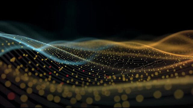 Abstract digital Wave: An abstract digital wave flows dynamically across a dark backdrop, creating an image of motion, energy, and interconnectedness. With light particles.