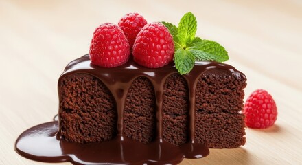 Decadent slice of chocolate cake topped with fresh raspberries and mint leaves, drizzled with rich chocolate ganache