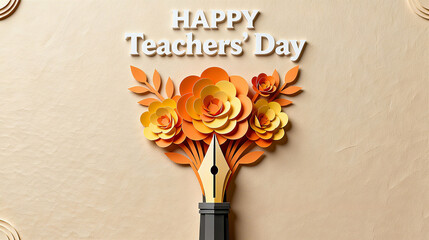 The pen tip blooms with brilliant paper flowers, accompanied by Teacher's Day greetings, used in scenes where gratitude and blessings are expressed to teachers on Teacher's Day.
