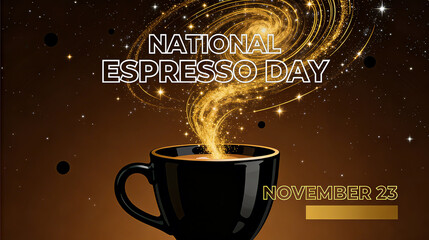 The coffee cup rises with a star like radiance, combined with National Espresso Day, suitable for creating a dreamy coffee experience and promoting specialty coffee on National Espresso Day.
