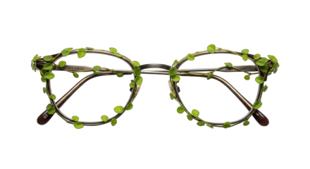 Round eyeglasses adorned with green ivy vines and leaves, isolated on transparent background