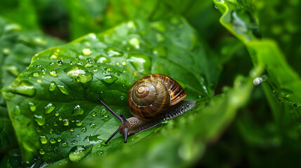 Snail on a dewy leaf