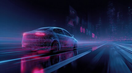 Futuristic car in motion with blue and pink neon lights. AI autonomous driving or EV technology concept driving on a dark city road with blurred background.