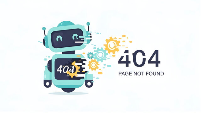 Robot breaking into digital glitch during 404 page not found error, symbolizing chaotic system failure and malfunction overload.