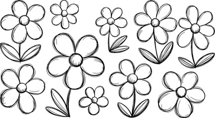 Hand-drawn daisy flowers, whimsical floral doodle, cute botanical illustration, black and white sketch, simple nature pattern design