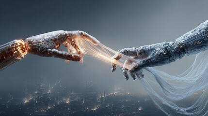 Human and robotic hands connecting with glowing golden light strands. Symbolic AI, future technology, and human-machine collaboration concept on a gray background.