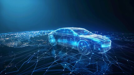 Blue glowing network illustration of a futuristic car. AI, autonomous driving, or smart city technology concept on an abstract data grid and blurred background.