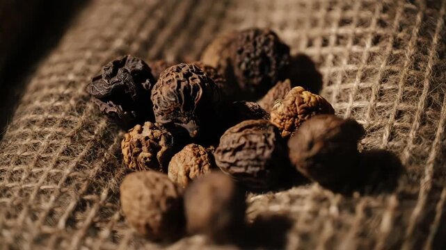 A rustic slow motion macro shot of dried allspice berries falling onto a burlap surface. Conveys earthy, warm, and complex flavors.