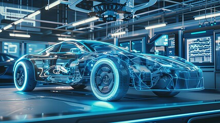 Fototapeta premium Futuristic automotive manufacturing concept with robotic arm and blue glowing wireframe hologram. Factory background for automotive engineering, augmented reality, and industrial R&D.
