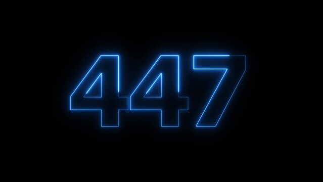 Abstract beautiful blue neon 447 number illustration background 4K. Glowing neon countdown number icon background.