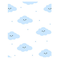 Whimsical Sky: Repeating Pattern of Cute, Smiling Light Blue Clouds with Tiny Dots on White.