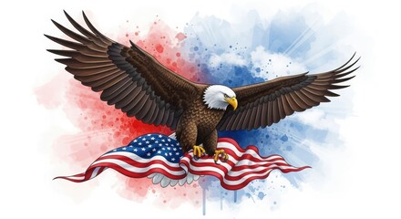 Illustration of bald eagle with american flag isolated on white background in digital art
