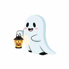 Adorable cartoon ghost holding a glowing jack-o'-lantern for Halloween
