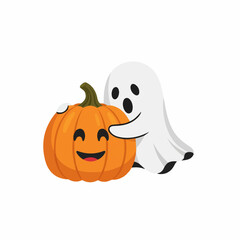 Cartoon Ghost Hugging Smiling Pumpkin, Halloween Illustration, Cute and Festive