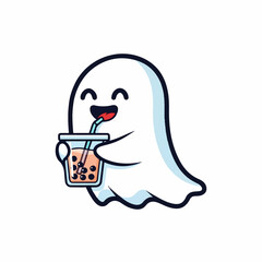 Cartoon Ghost Enjoying Boba Tea with a Straw and Happy Expression