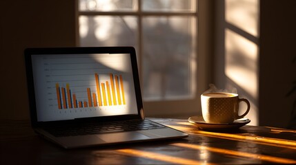 Laptop displays financial chart on desk with steaming coffee cup by window.