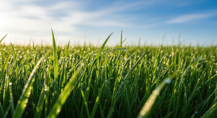 Obraz premium Close-up of fresh green grass with morning dew drops sparkling in sunlight under a clear blue sky perfect for nature and outdoor themes