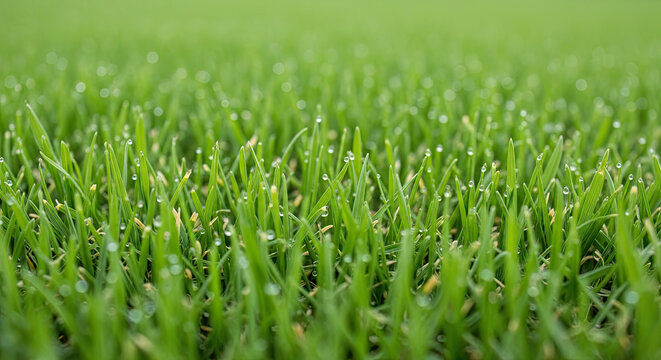 Close-up of fresh green grass with morning dew drops sparkling on blades, symbolizing nature, freshness, and growth - Powered by Adobe