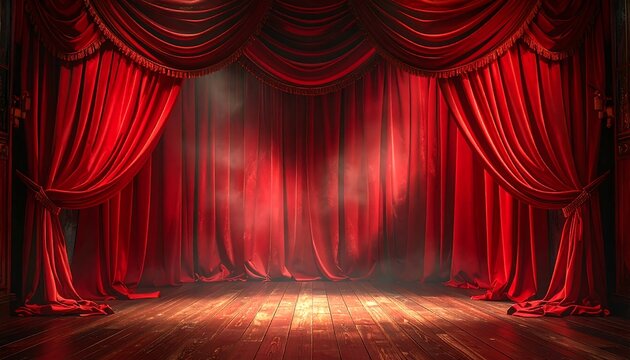 A theatrical scene with rich, red velvet curtains framing a dark stage with a wooden floor, lit by spotlights, giving a grand, dramatic feel