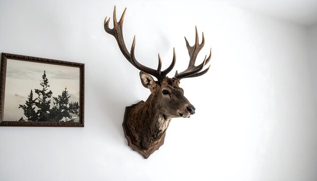 A taxidermied deer head with large antlers is mounted on a white wall beside a framed landscape painting
