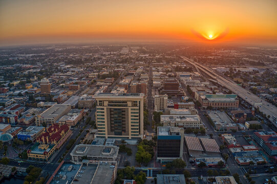 Aerial View of Stockton, California during Sunrise