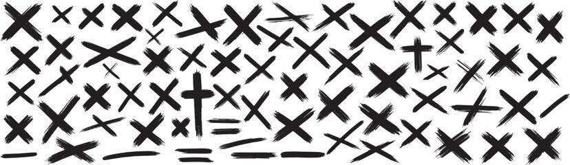 Collection of hand-painted black X and cross symbols in rough brush stroke style with various angles and thicknesses arranged in scattered layout. 