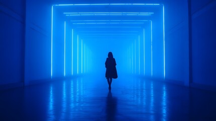 Person walks through a glowing blue illuminated tunnel with reflections.