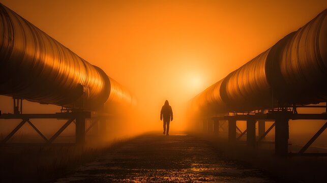 Person walks between large industrial pipes in orange foggy atmosphere.