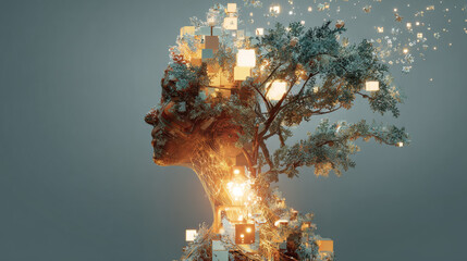 3D render of a human profile merging with a tree and digital blocks. A glowing orange core symbolizes thought, AI, or the human-nature connection. Abstract concept for technology or mental health.