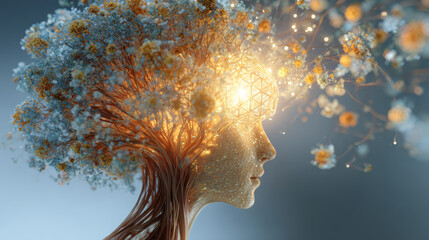3D render of a human profile merging with a glowing tree. Warm orange light symbolizes thought, creativity, and AI. Abstract concept for mental health, consciousness, or connection with nature.