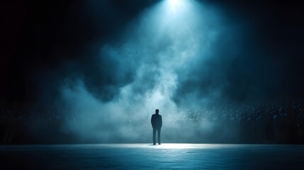 Lone figure stands illuminated by a spotlight amidst a dark, smoky atmosphere.