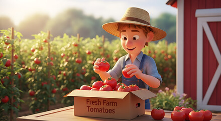 Cartoon Farmer Harvesting Fresh Tomatoes at the Farm