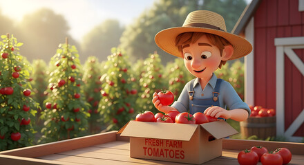 Cartoon Farmer with Fresh Tomatoes