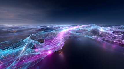 Futuristic AI neural network background with holographic brain lattice, glowing cyan and magenta nodes, crystalline filaments and particle flow for advanced technology and science concepts.