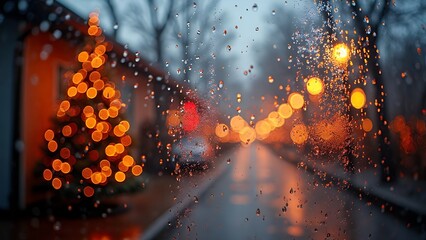 Rainy Christmas Eve street scene with blurred festive lights and wet car window.