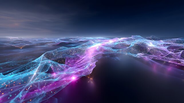 Futuristic AI neural network background with holographic brain lattice, glowing cyan and magenta nodes, crystalline filaments and particle flow for advanced technology and science concepts.
