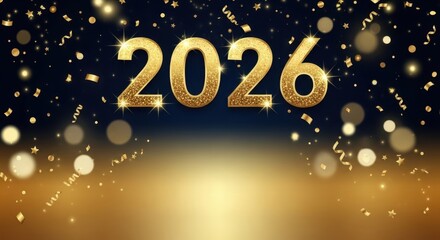 Gold numbers 2026 shine brightly against a dark background. Twinkling lights and confetti welcoming the New Year with excitement and cheer