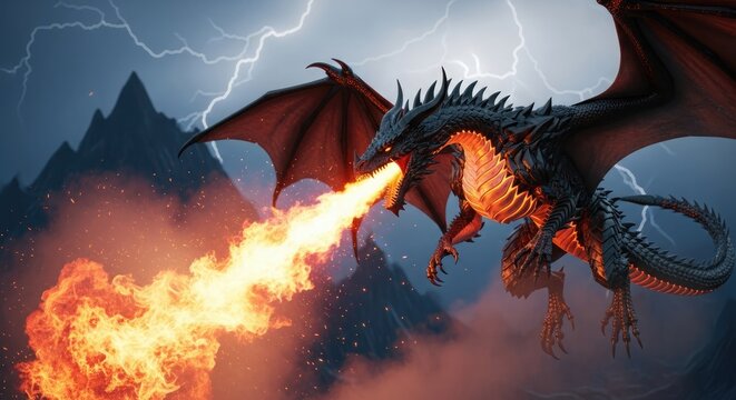A black dragon soars, breathing a stream of fire against a backdrop of mountains and lightning.