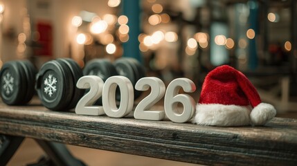 Numbers 2026 rest on a wooden gym bench, with one digit adorned by a red Santa hat. The warm indoor light and holiday decorations create a festive atmosphere in the gym