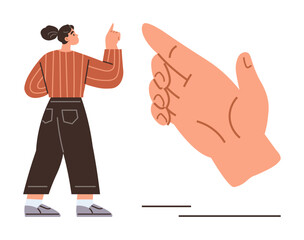 Woman in casual outfit gestures toward oversized hand symbolizing guidance, direction, leadership, or choice. Ideal for self-growth, decision-making, teamwork, motivation, abstract concepts