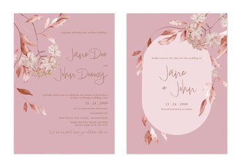 Wedding invitation and save the date template set with clusters of watercolor-style flowers and leaves in pale pink tones on a soft pink background